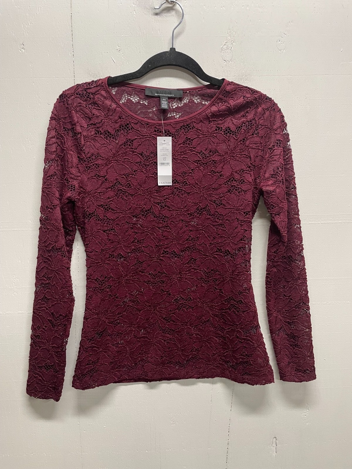 Whbm Women's Long Sleeve Lace Blouse Wine Color Xs Nwt Retails $79